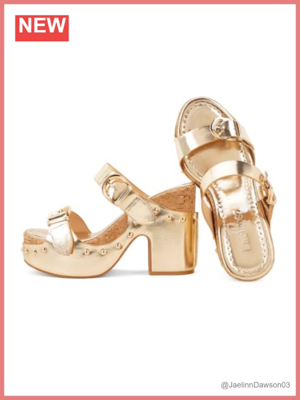 Women Chunky Platform Heeled Sandals 4.5" Gold Studs Buckle Faux Leather
